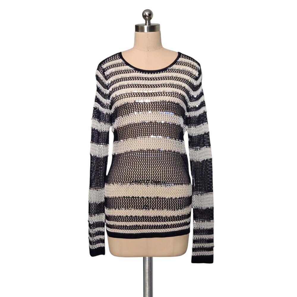 CHICO's Blue White Striped Crochet Knit Lightweight Sequin Sweater Top 2 Large